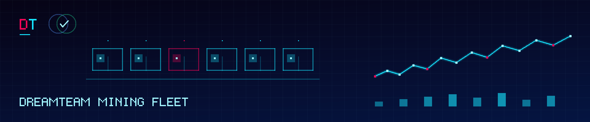 DreamTeam mining fleet banner: row of GPU riser cards with a hashrate line